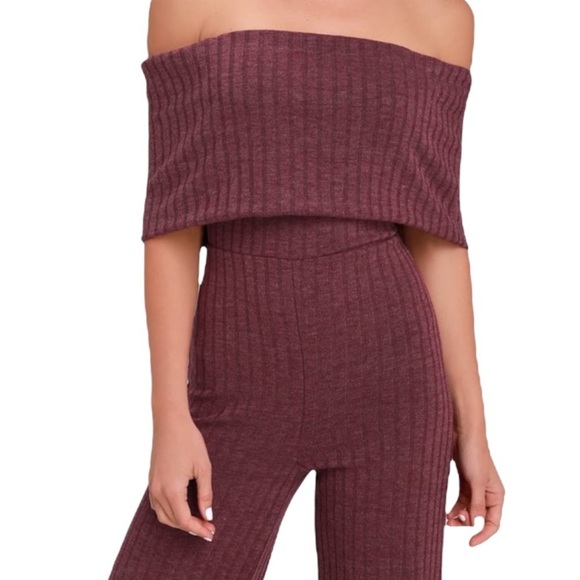 Lulu’s Off Shoulder Burgundy Ribbed Knit Wide Leg Jumpsuit - Picture 5 of 8